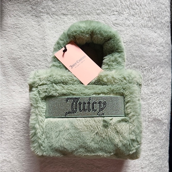 Juicy Couture Green Faux Fur Mini-Handbag NWT Y2K Rhinestone Logo - Picture 2 of 5